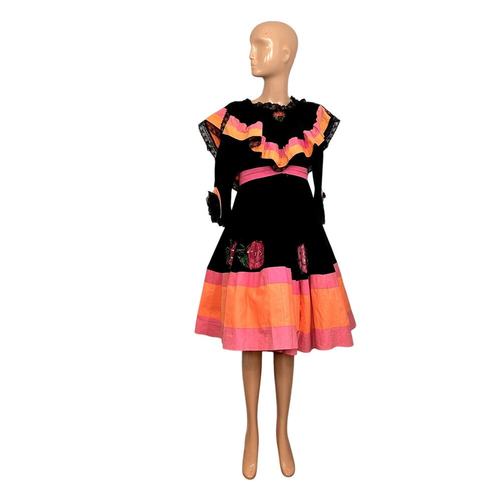 VTG 70s Vintage XS Black Pink Mexican Folkloric Flounce Sequin Dress Retro
